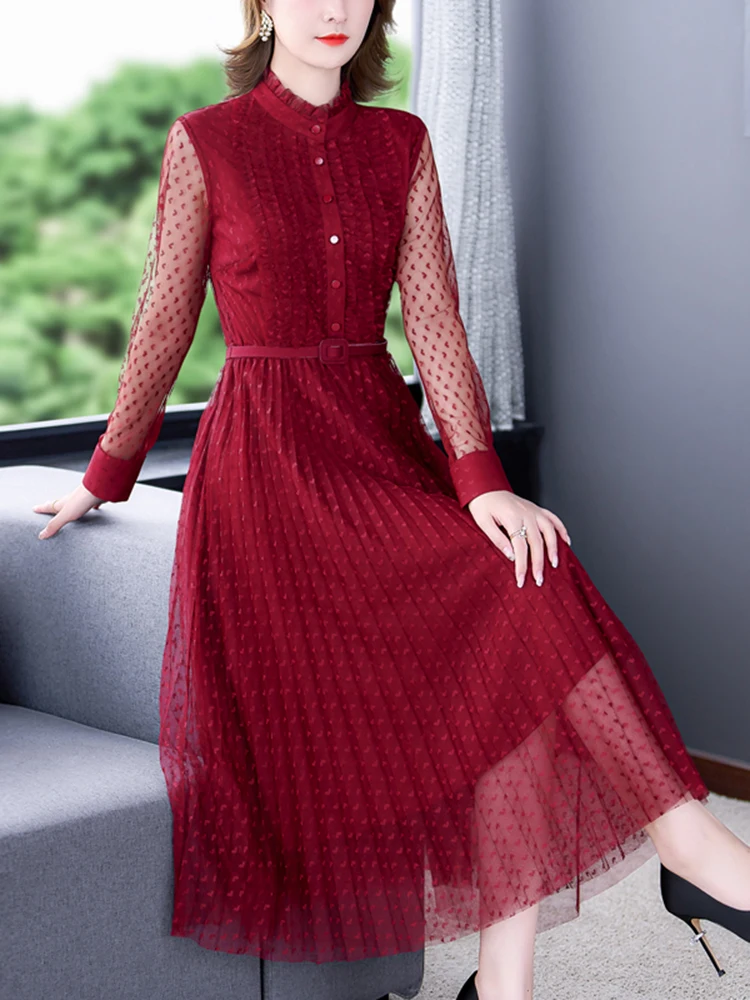 

2023 Красное Кружевное жаккардовое ажурное пикантное платье миди с длинным рукавом женское шикарное Элегантное Вечернее Платье Осенняя блузка в Корейском стиле женское платье
