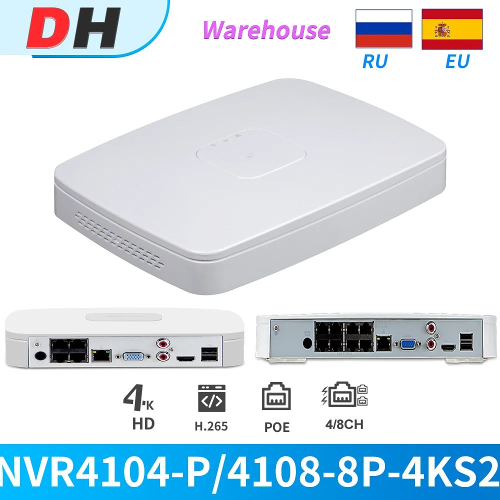 

Видеорегистратор Dahua, сетевой регистратор POE NVR 4K, 8 Мп, 4 канала, NVR4104-P-4KS2/L, 8 каналов, для IP-Камеры видеонаблюдения