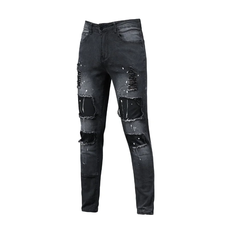 DEEPTOWN Ripped Distressed Jeans Men Hole Washed Denim Pants Skinny Casual Trousers Male Punk Streetwear Korean Fashion Black