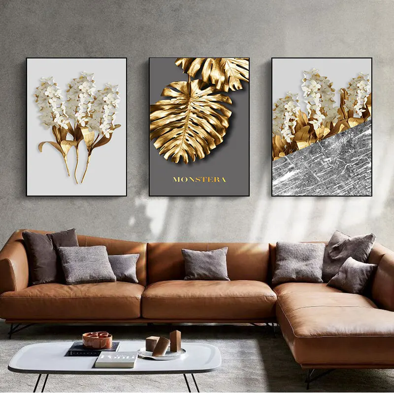 

Black white feathers Print Wall Picture for Living Room Decor Nordic Golden abstract leaf flower Wall Art Canvas Painting