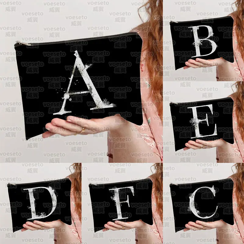 

Elegant Atmospheric Silver Letter Black Wash Bag for Children Pencil Case for Women Rouge Makeup Bag Fashionable Popular Item