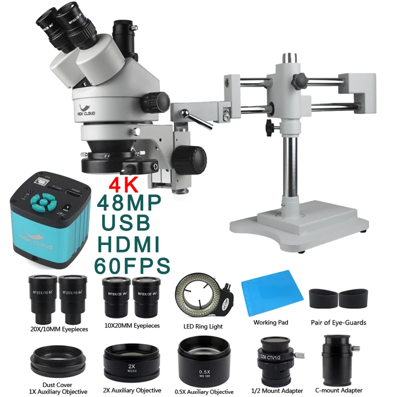 

3.5X-90X Double Boom Zoom Simul Focal Trinocular Stereo Microscope 48MP 4K 2K HDMI USB Microscopio Camera Phone PCB Repair Tools