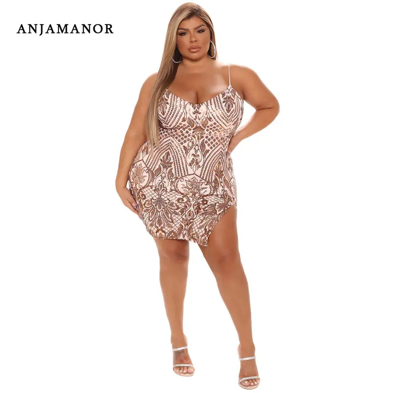 

ANJAMANOR Plus Size Embellished Sequin Glitter Slit Mini Dress Sexy Club Wear Birthday Party Dresses for Women 2023 D57-FB31