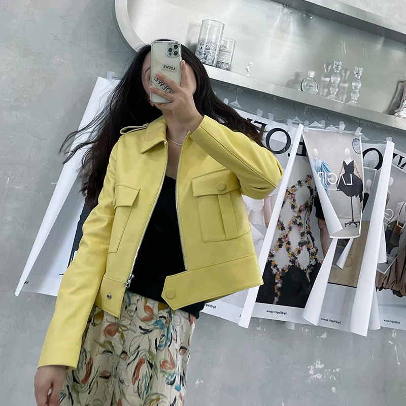 Lady Real Leather Jackets Crop Solid Zipper Bomber Coats Genuine Sheepskin Biker Jacket Short Coat Pocket Fashion Autumn ZM4047