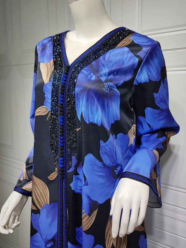 Floral Abaya Arabic Long Dress Braided Trimming Print Dubai Abaya Muslim African Dresses Saudi Gulf Loose Robe Jalabiya Kaftan