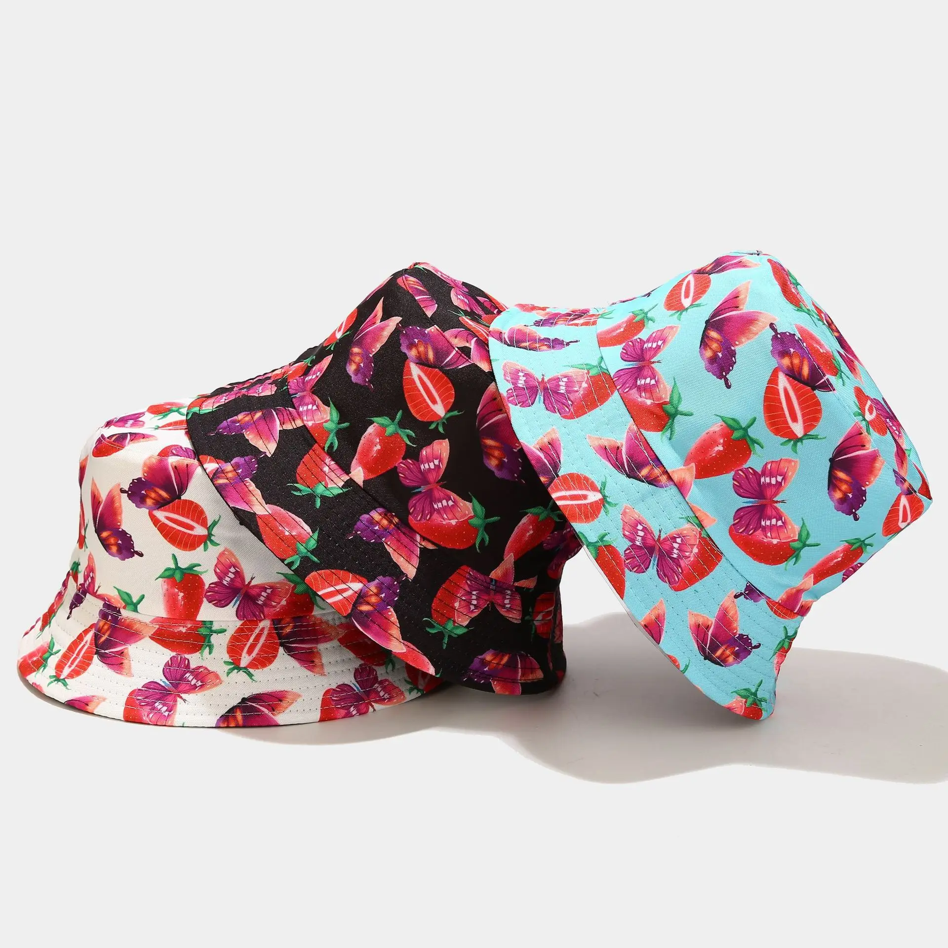 

Creative New Strawberry Butterfly Pattern Reversible Fisherman Hat Female Trendy Outdoor Sun-Proof Bucket Hat Foldable