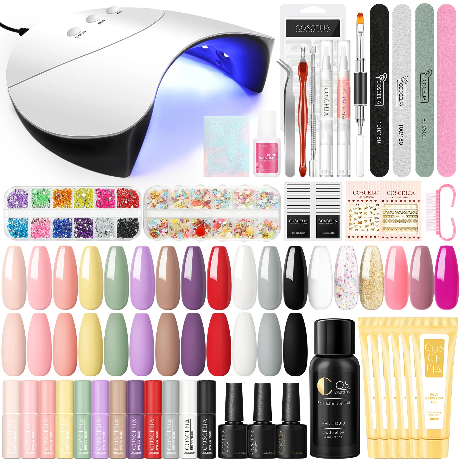 

COSCELIA Poly Nail Set UV LED Lamp with Nail Gel Polish Kit Soak off Manicure Set Nails Art UV Gel Nail Polish Set for Beginner