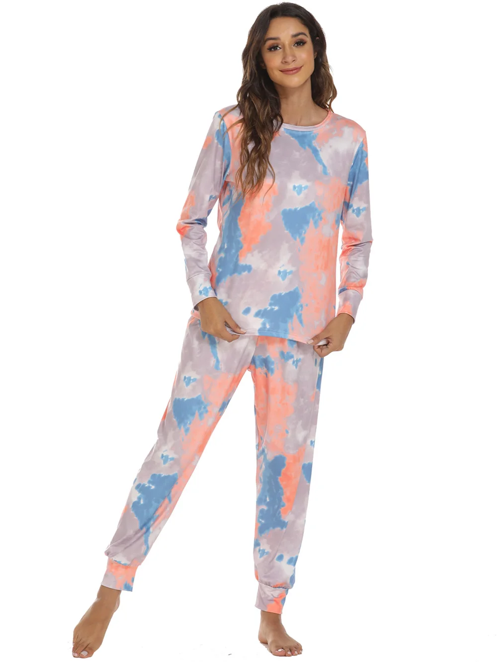 Fashion Tie Dye Pajamas Set Women Two Piece Pullover T-shirt and Pants Sleepwear Casual Loose Female Homewear Clothing Lady Suit