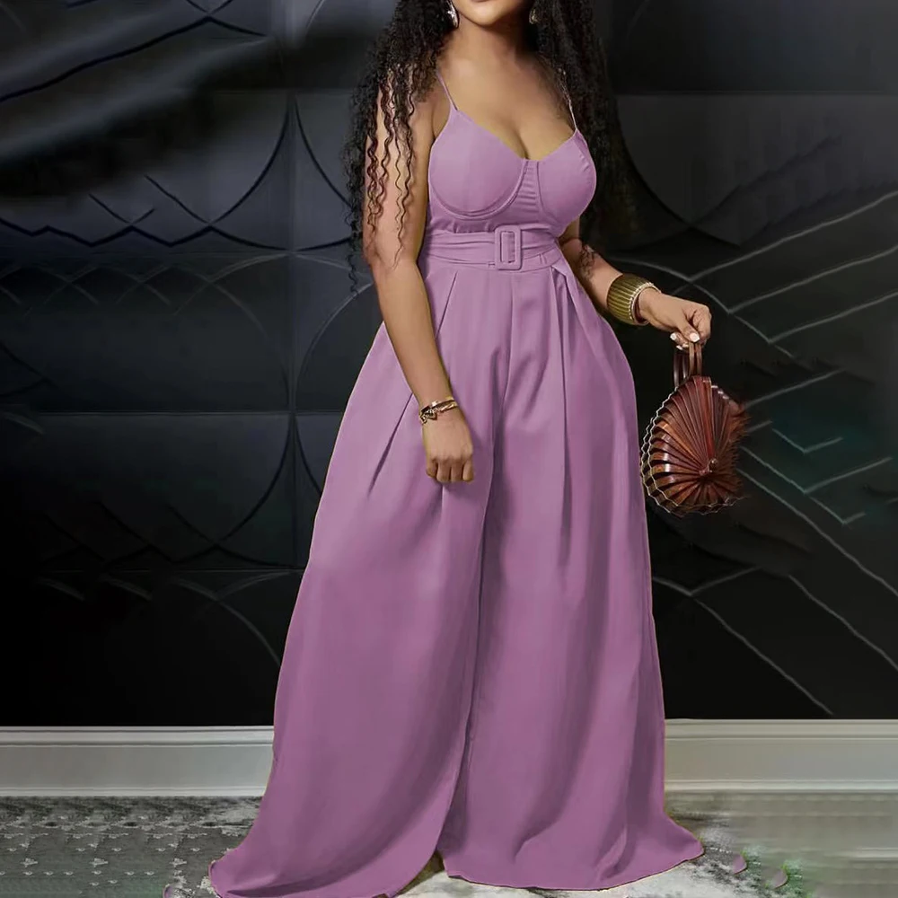 

Women New Arrival Summer Simple Stylish Sexy Adjustable Strap with Belt Zipper Temperament Solid Fit Flare Wide Leg Jumpsuit