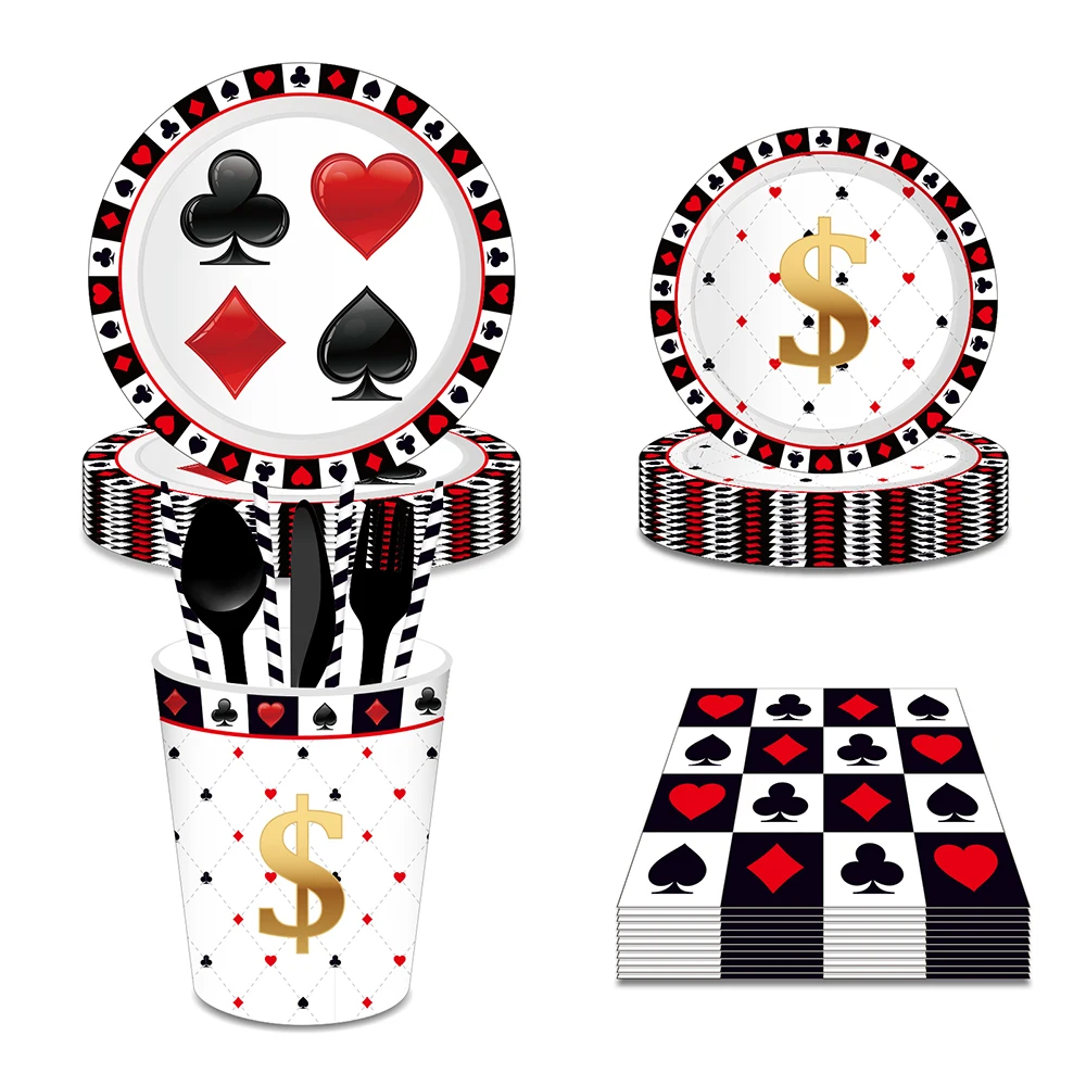 

Poker Card Game Magic Theme Disposable Tableware Sets Paper Plates Cups Napkins Birthday Party Playing Cards Dinnerware Decor