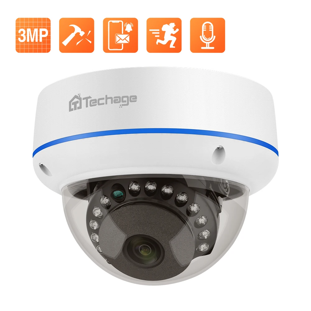 Techage Крытая антивандальная купольная камера 3MP PoE Водонепроницаемая IP-камера