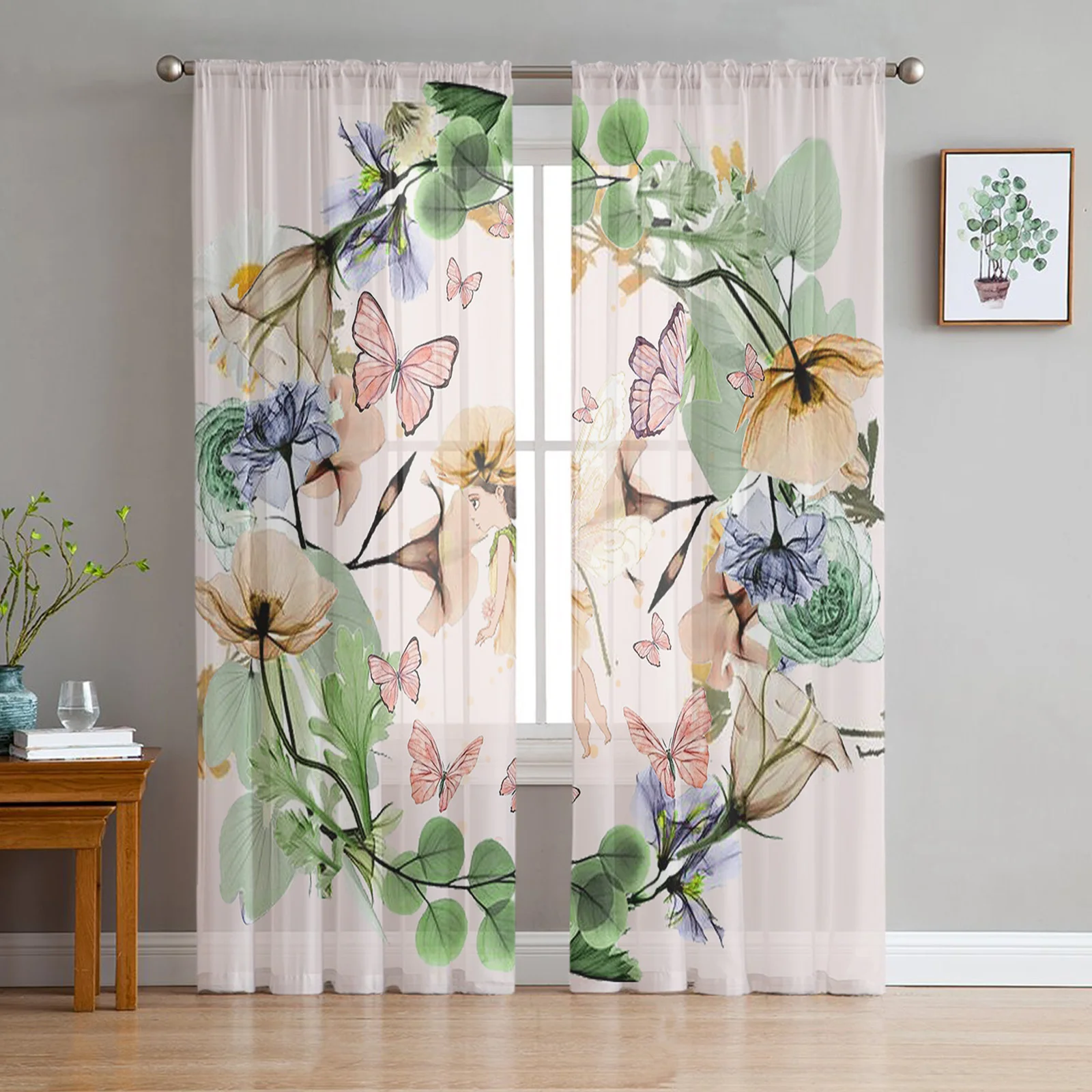 

Тюлевые занавески с изображением Феи бабочек цветов листьев, s для гостиной, спальни, вуаль, прозрачные оконные шторы для домашнего декора, драпировки