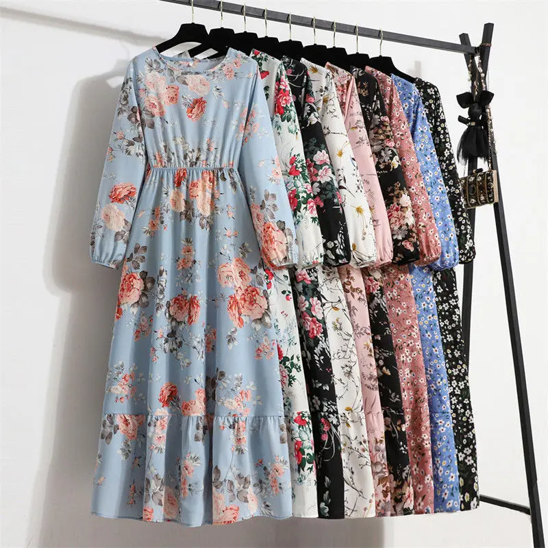 

Korean Spring Summer Women Party Slim Chiffon Unif Long Print Dresse Dress Flower Casual Printing Maxi Bohemian Retro Dresses