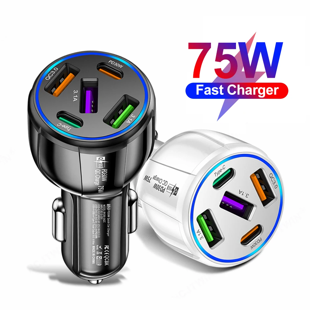 

75W PD Car Charger 5 Port USB Type C Fast Charging Car Phone Adapter For Iphone 14 13 Xiaomi Huawei Samsung Quick Charger In Car