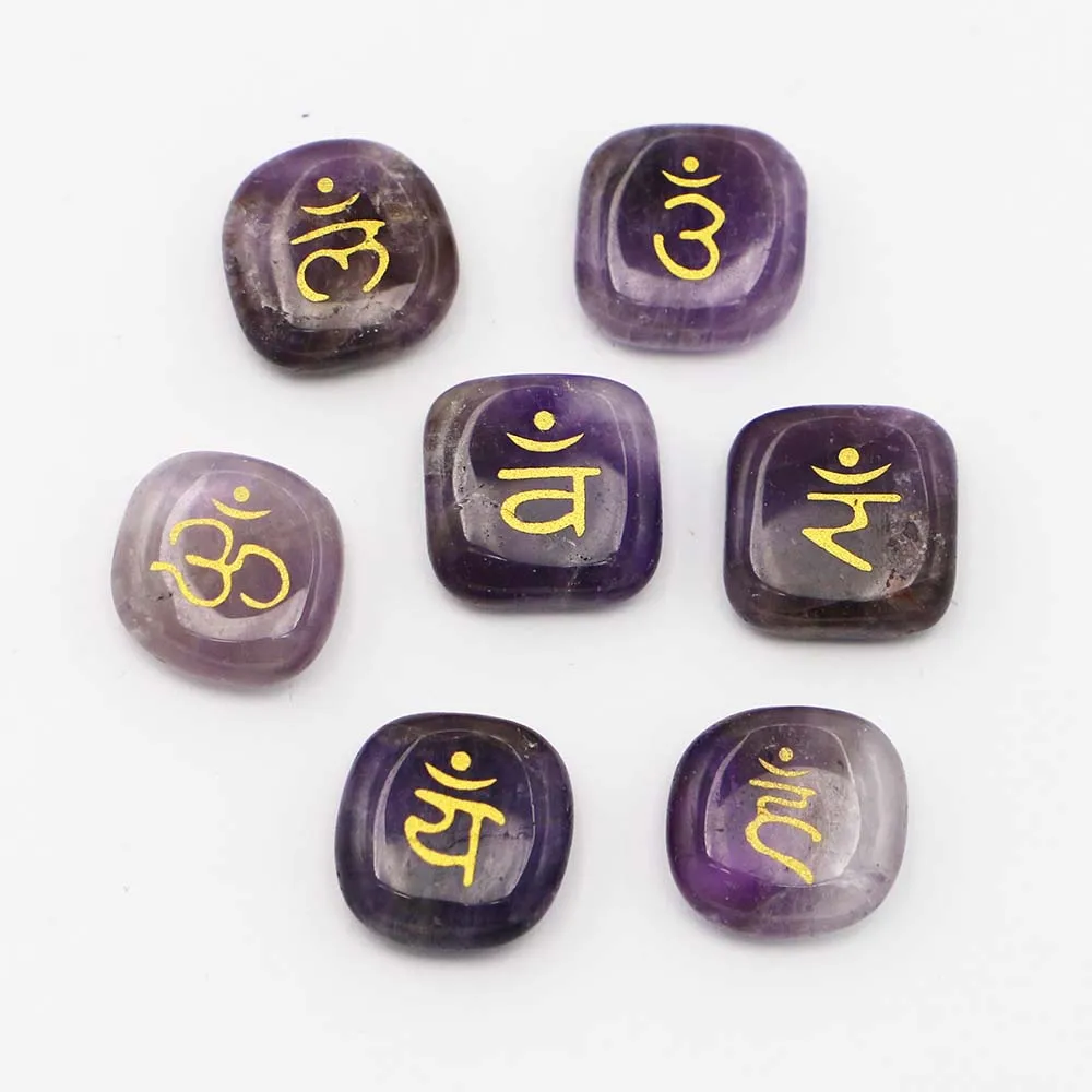Natural Divination Stone Amethyst Prints Symbols Round Shape Polished Palm Chakra Reiki Crystal Fortune Telling Specimen Healing