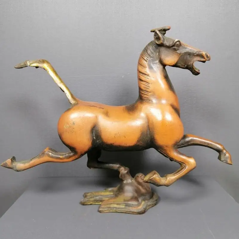 Brown Copper Folk Old China FengShui Brass Fly Horse Treading On a Flying Swallow Pegasus Galloping Horse Riding Swallow Statue