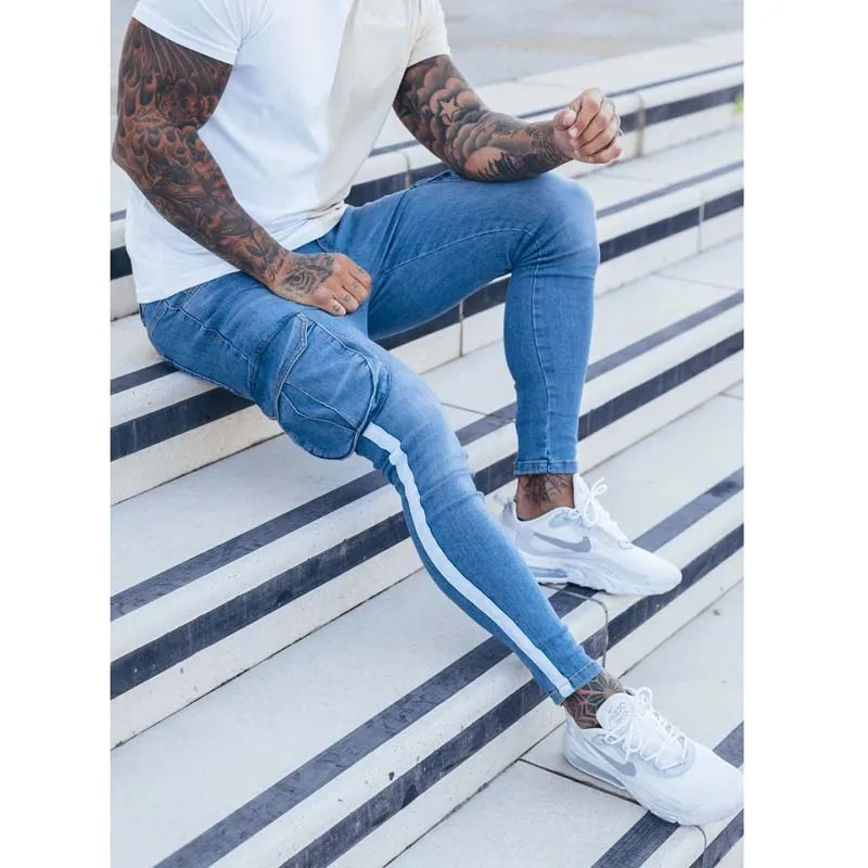 Men's Jeans Casual Pencil Pants Four Seasons Blue Multi-pocket Printed Men's Pants Street Hip-hop New Fashion Sports Jeans Men