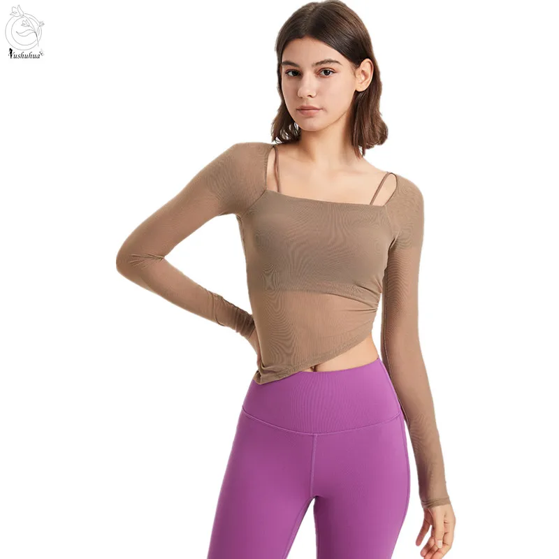 

Yushuhua Curved Hem Women Fixed Cup Fitness Gym Long Sleeve Thin Yoga Crop Top Female Tight Run Workout Tops Mesh Sports Shirt