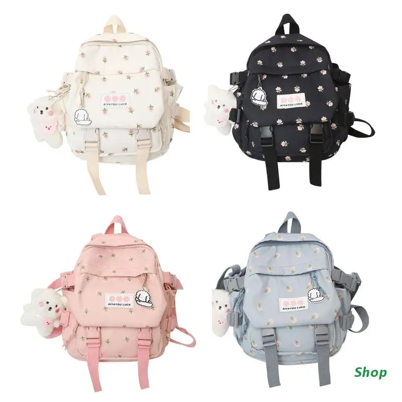 

L5YC Women Nylon School Backpack with Pendant Cute Pin Convertible Shoulder Bags Ladies Fashion Casual Daypack Travel Rucksack