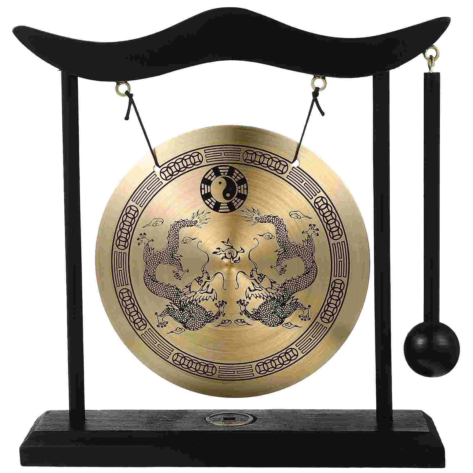 

Double Dragon Copper Gong Ornaments Handicraft Musical Instrument Desk Mallet Chinese Tablescape Decor