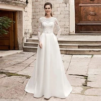 elegant a line o neck wedding dress boho long sleeve lace appliques bridal gown illusion tulle lace up train robe de mariee