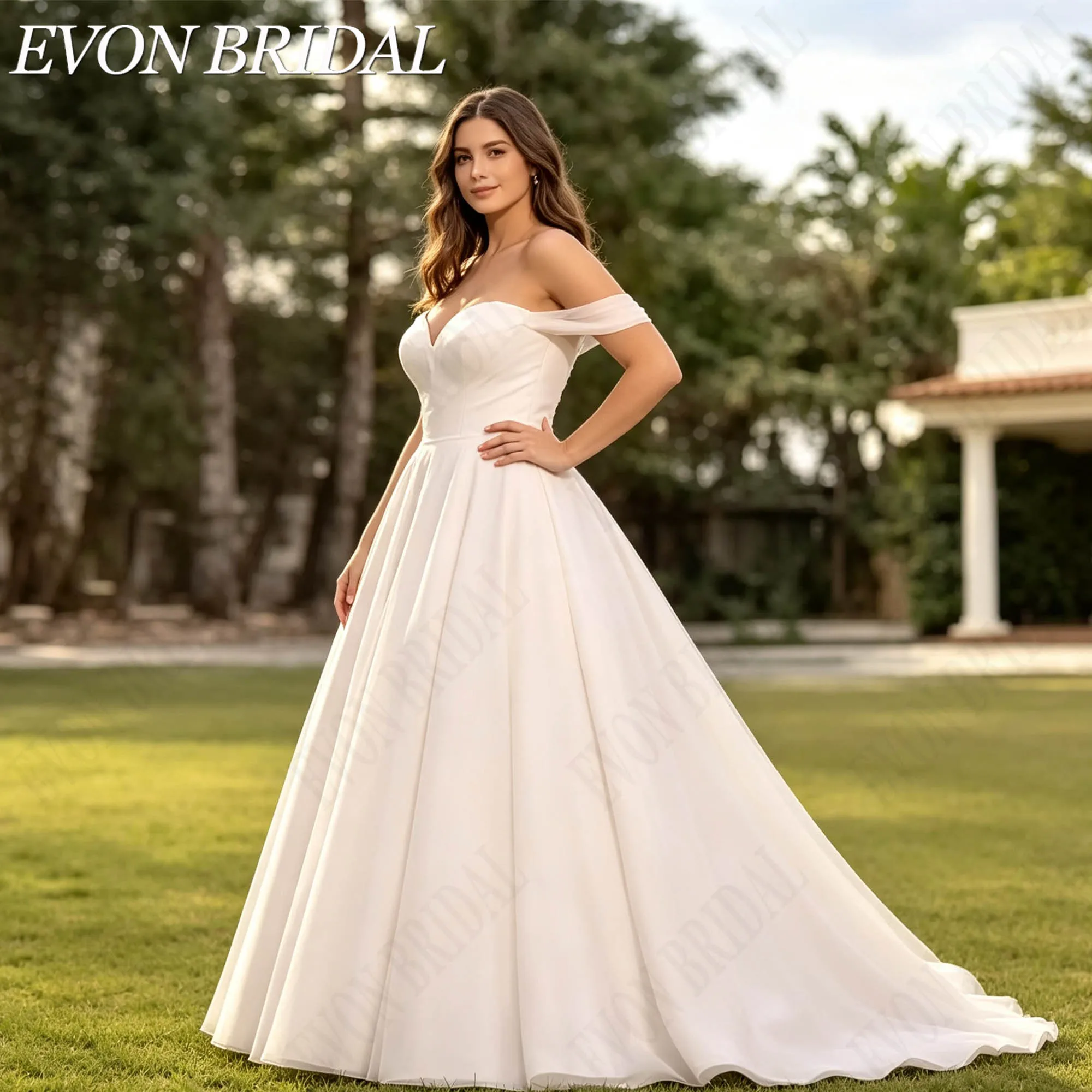 Фото EVON BRIDAL Платье невесты плюс размеры без плеч вырез сердце А-силуэт романтичное свадебное платье для женщин на заказ индивидуальный пошив мягкая ткань для свадебной церемонии выездной свадьбы торжества элегантное №3