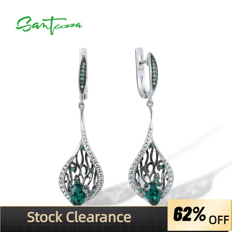 

SANTUZZA Silver Drop Earrings For Women 925 Sterling Silver Shiny Green Spinel White CZ Leaves Plant серьги Trendy Fine Jewelry