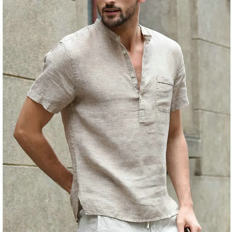 

New Men's Casual Shirts Summer Pullover Solid Short Men's Blouse Stand Half Open Comfortable Breathable Fit VersatileT-shirt