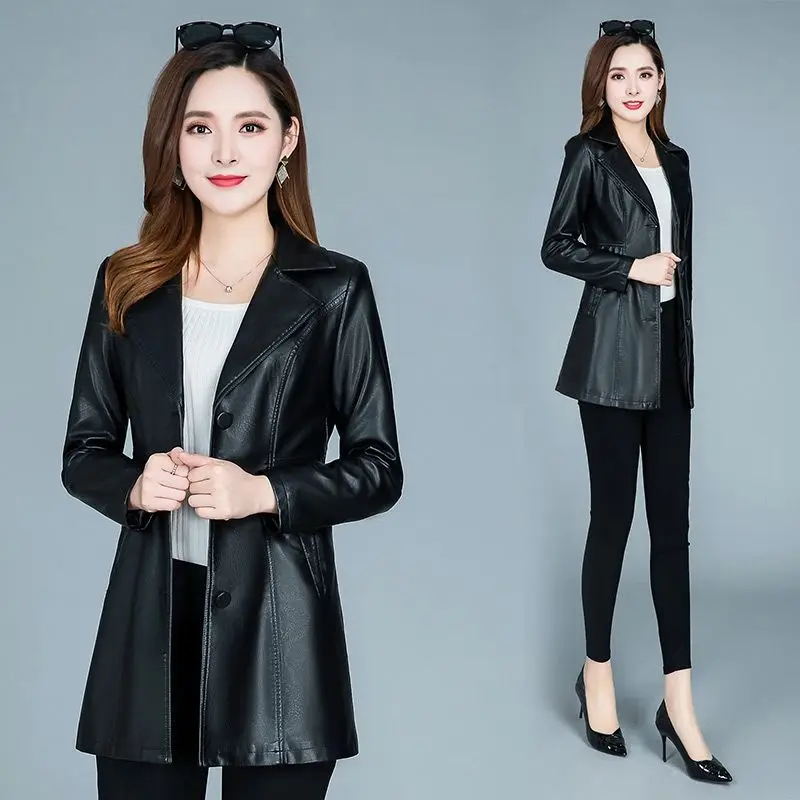 Autumn Winter Coats High Quality PU Leather Jacket Women New Fashion Long Single Breasted Loose Thicken Slim Female Clothing Top