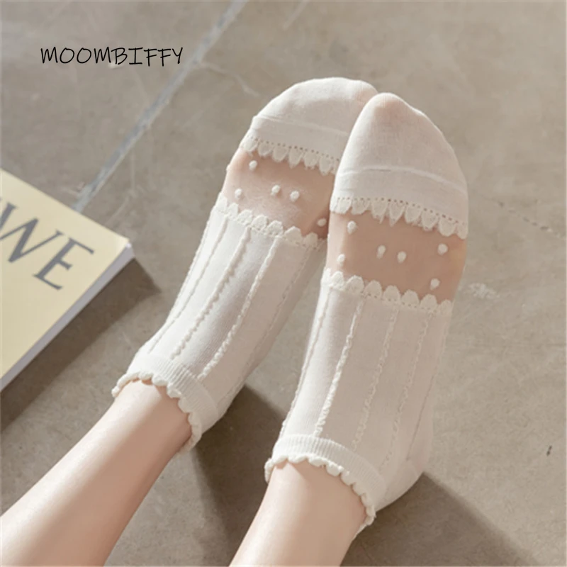 

Women Summer White Thin Mesh Socks Transparent Crystal Sock Pure Color Japanese Cute Kawaii Boat Frilly Socks Calcetines Sokken