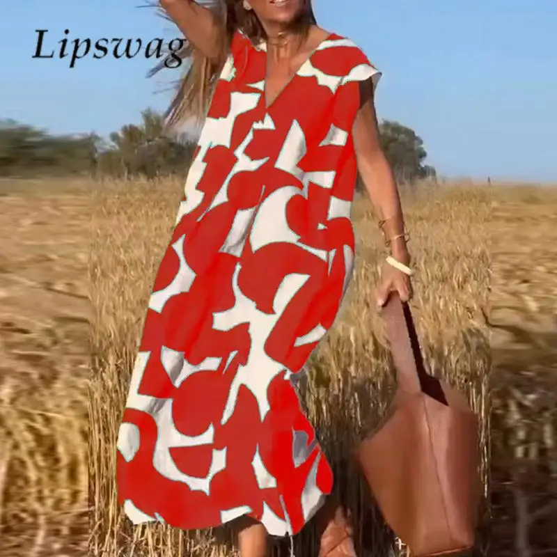 

Женское повседневное свободное платье с принтом, Летнее Длинное Платье с V-образным вырезом и коротким рукавом, универсальное женское платье в стиле бохо, праздничное пляжное платье, одежда