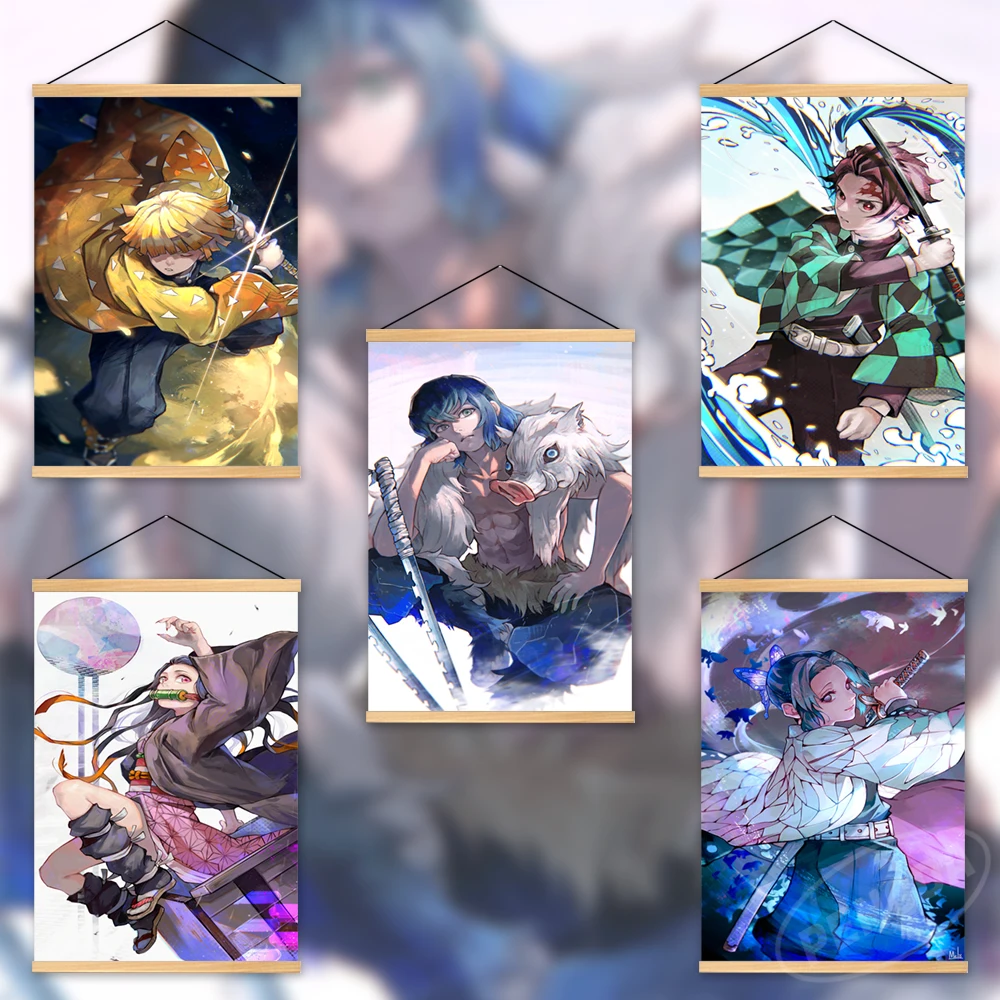 

Home Decor Canvas Demon Slayer Wooden Hanging Painting Agatsuma Zenitsu Wall Art Poster Modular Anime Picture Bedside Background