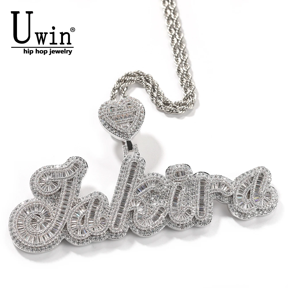 UWIN Charm Hiphop Jewelry Custom Baguette Letter With Baguette CZ Heart Pendant Iced Out Bling Square CZ Necklace