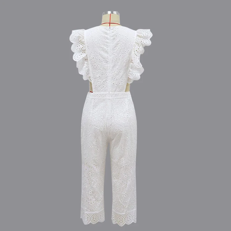 New Ladies Jumpsuit White Elegant Sexy Hollow Wide Leg Ruffle Sleeveless Round Neck Jumpsuit Ladies Summer Clothing Jumpsuit