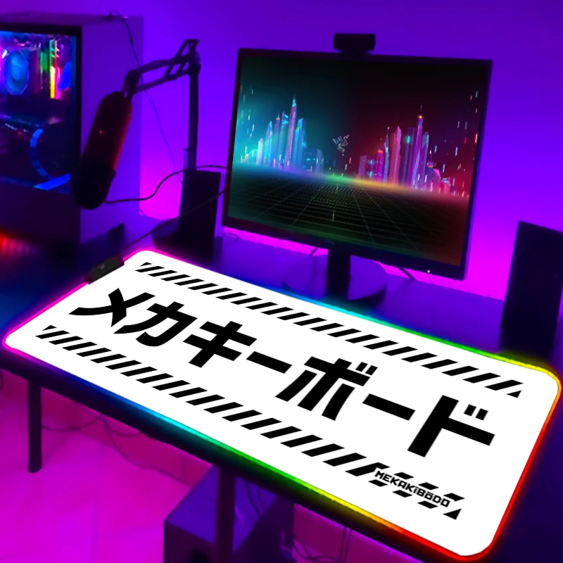 

Коврик для мыши RGB с подсветкой, черный белый компьютерный коврик Xxl, модель клавиатуры в японском стиле, светящийся большой коврик для игров...