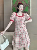 women red plaid dreses summer french style square collar short sleeve fake single breasted mini length one piece robe dress 2022