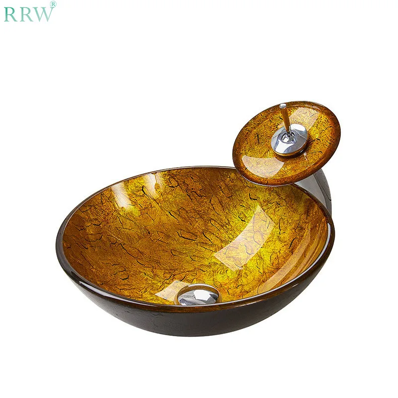 

Раковина из золотистого стекла RRW, Европейская мода, раковина для ванной комнаты, раковина для отеля, посуда для ванной комнаты, круглая рако...