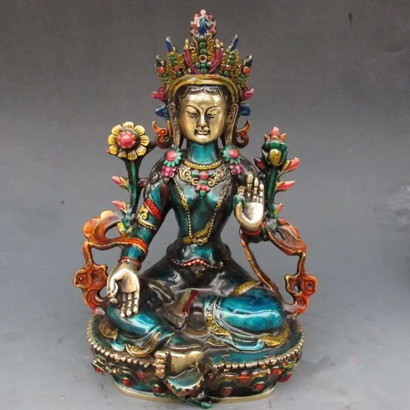 bronze factory Pure Brass Antique 8.66 inch Exquisite hand-carved cloisonne buddhist Buddha green tara statue