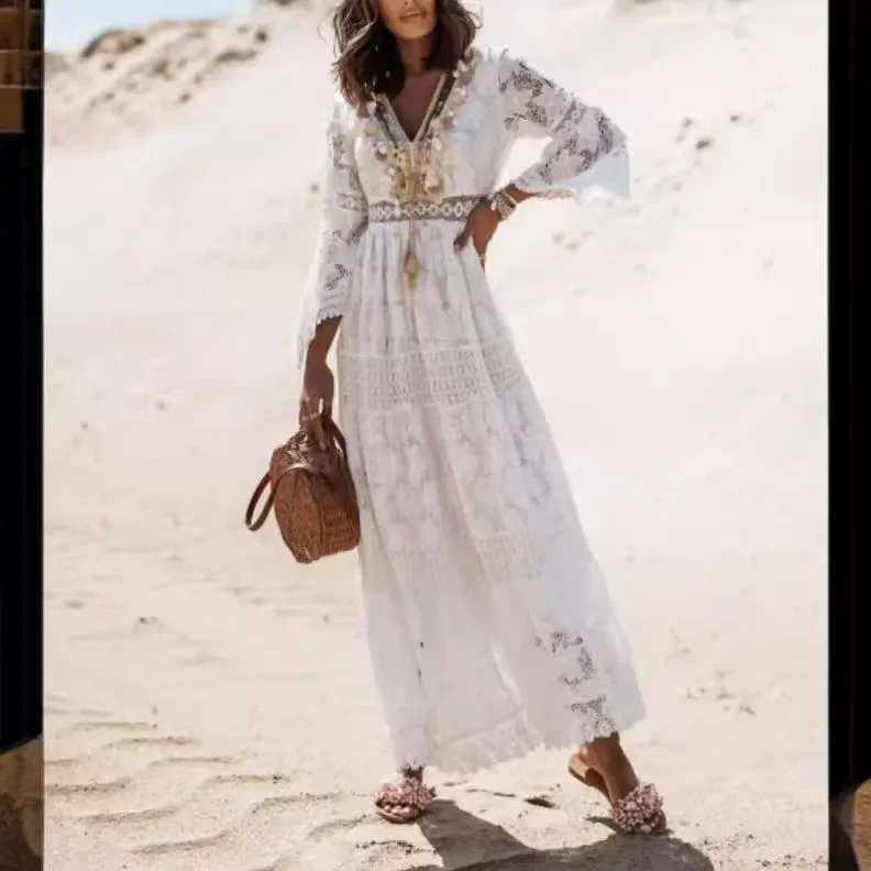 Женское ажурное платье с бахромой белое однотонное повседневное пляжное