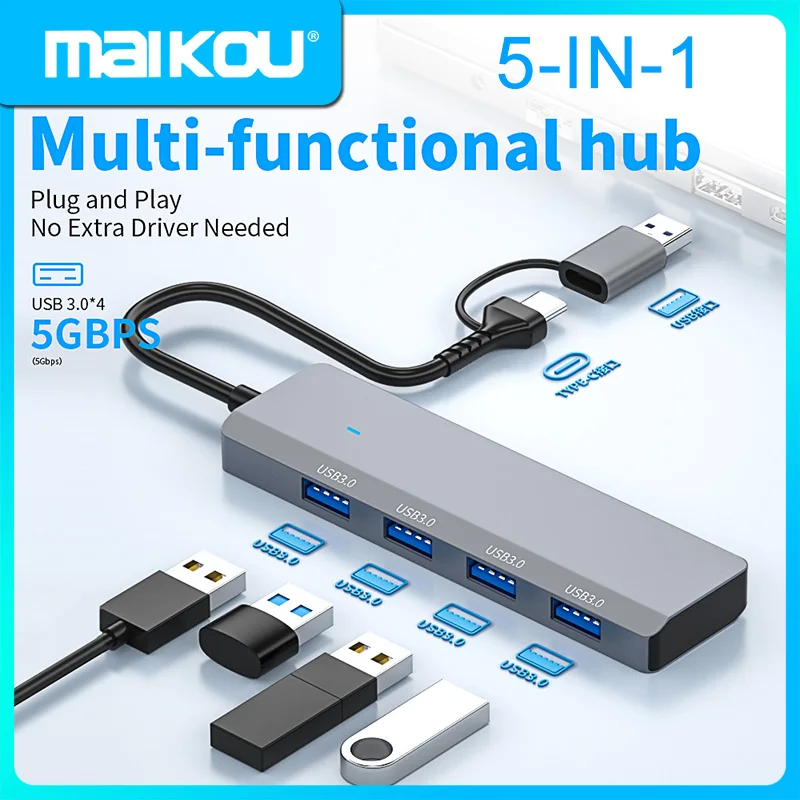 

USB/Type-c 4-портовый концентратор USB 3,0 из алюминиевого сплава, 5 Гбит/с, совместимый с мобильными планшетами