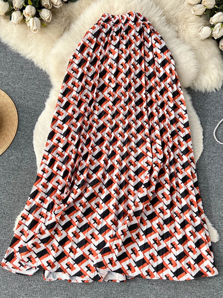 

YuooMuoo, шикарные модные длинные юбки с геометрическим принтом, женские элегантные плиссированные юбки с высокой талией, повседневные Универсальные женские юбки