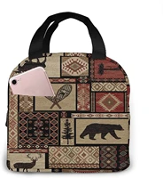 rustic cabin wild lodge moose deer bear check plaid pattern lunch bag tote bag insulated organizer lunch bag hiking picnic
