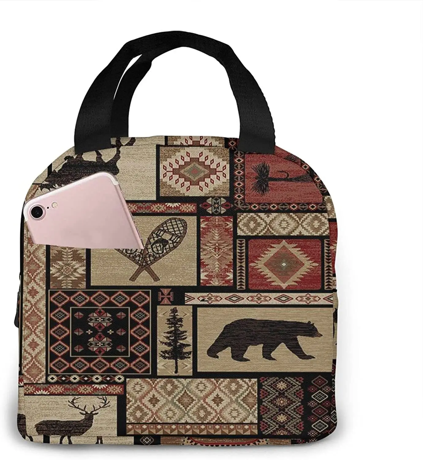 Сельская кабина дикая лосяя олень медведь клетчатая сумка для ланча с узором