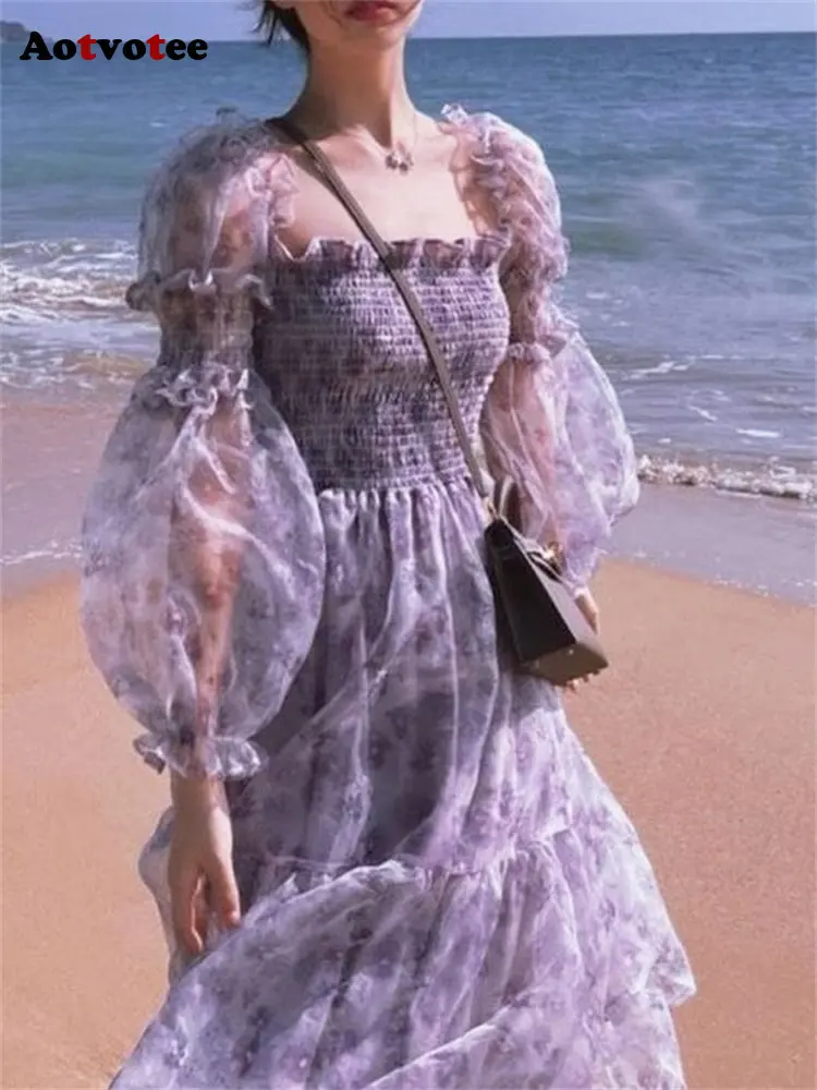 

CHUU Korea Aotvotee Print Dress for Women 2023 New Fashion Fairycore Elegant Puff Sleeve Square Collar Midi Dress Casual Ruffle