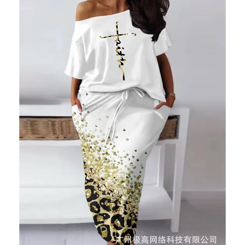 

Women Short Sleeve Tops T Shirt High Waist Skirt Summer Faith Letter Pattern Top & Contrast Leopard Print Skirt Set
