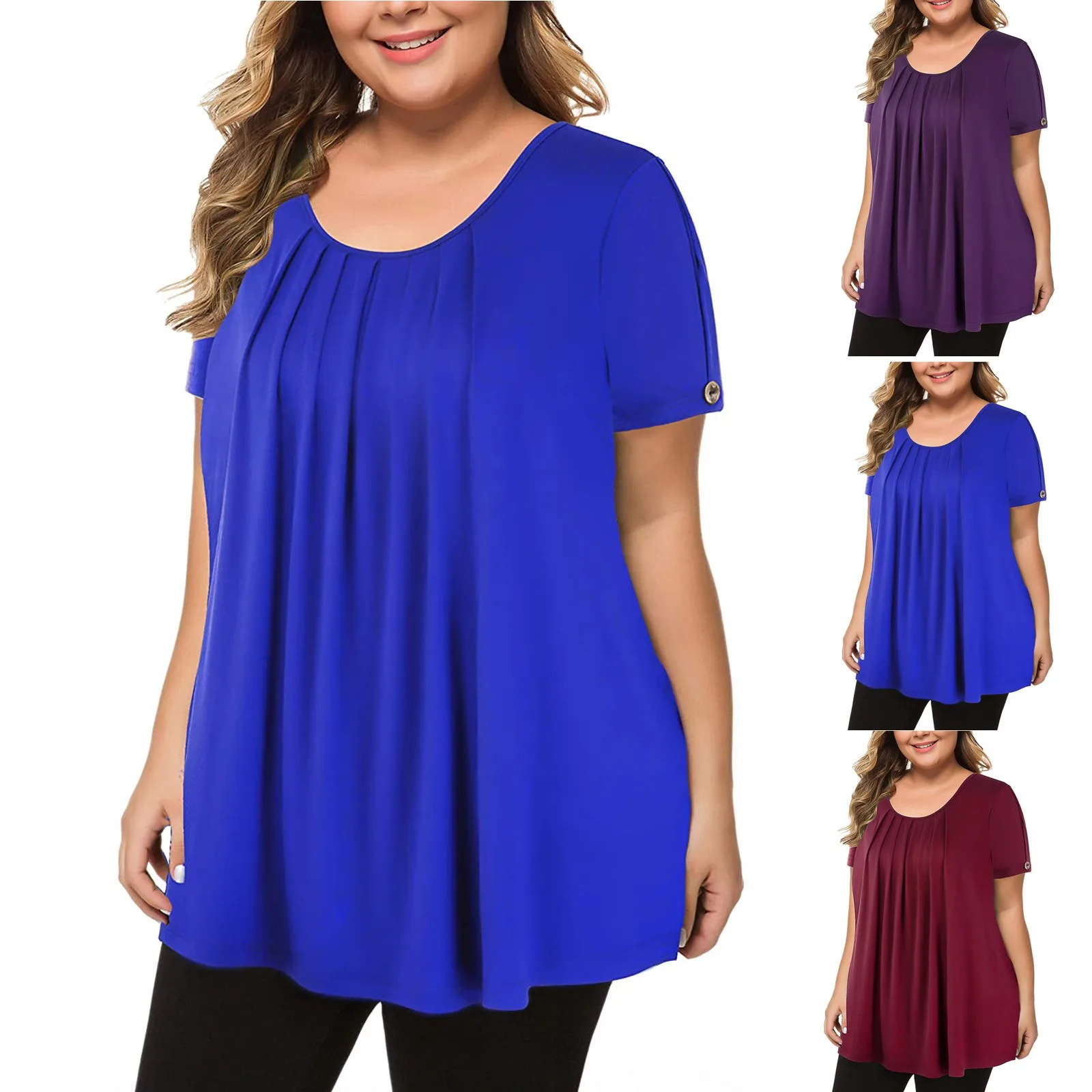 Plus Size Shirt Summer Woman Short Sleeve Casual Top Loose Female Pleated Blouse Tunic Solid Color Pullover Tops