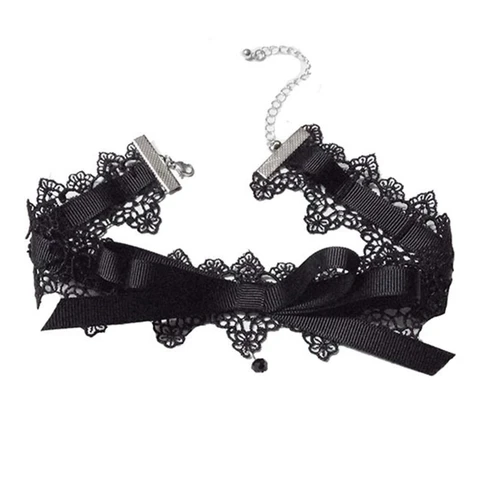 Элегантное черное кружевное колье с бантом, готическое ожерелье с воротником, винтажное колье, короткая цепочка, модные