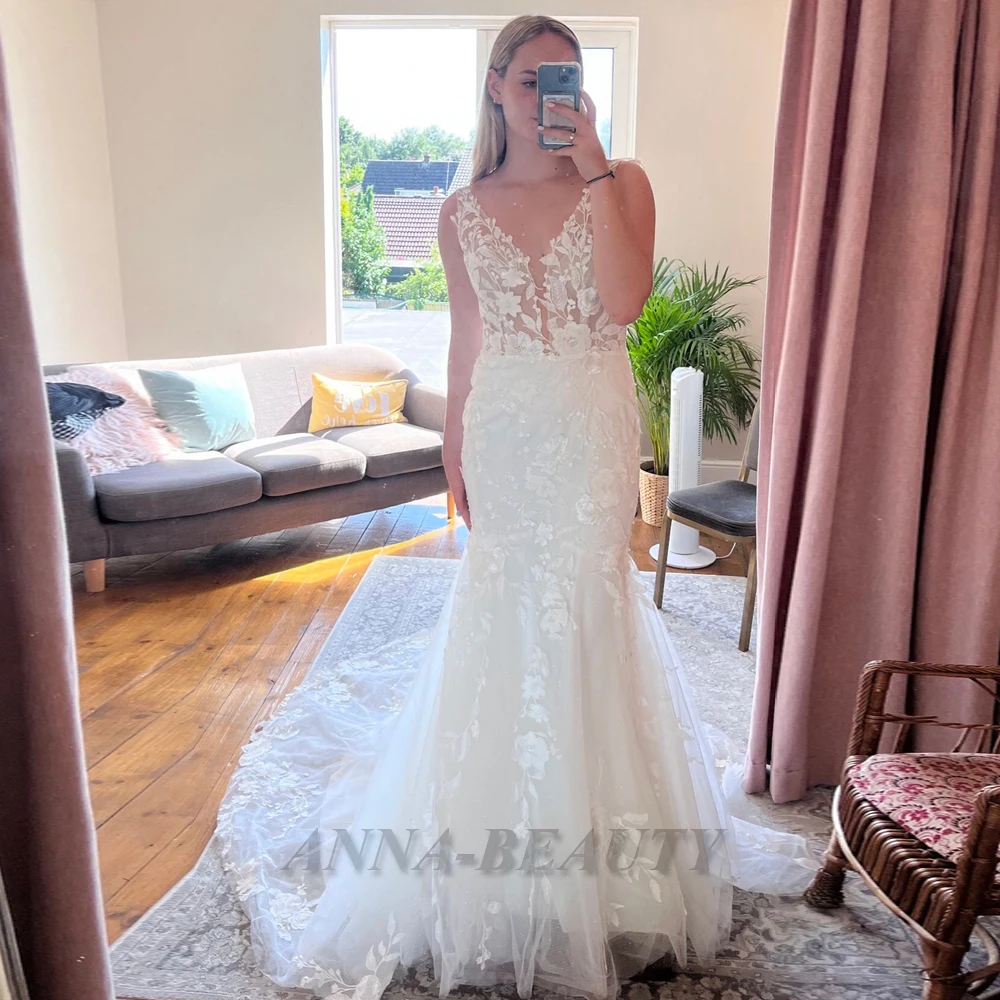 

Anna Charming Wedding Dress New 2024 V-neckline Tulle Mermaid Sleeveless Brush Train Lace Appliques Vestido De Novia Femenino