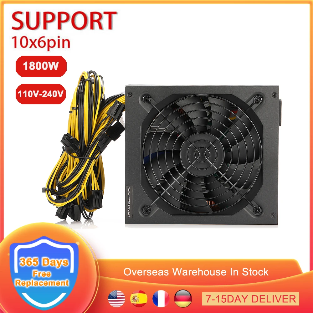 

Блок питания для майнинга BTC, 1800 Вт, 110-240 В, ATX, поддержка графической карты 6 ГП, 10*6 контактов, кабель ETH DOT, Биткоин, Майнер