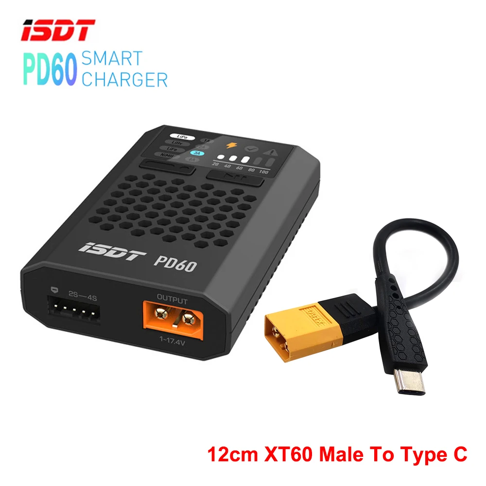 

ISDT PD60 XT60 Output 60W Lipo Battery Balance Charger Type-C Input For Lipo LiHV LiFe NIMH/Cd Battery For RC Car Racing Drone